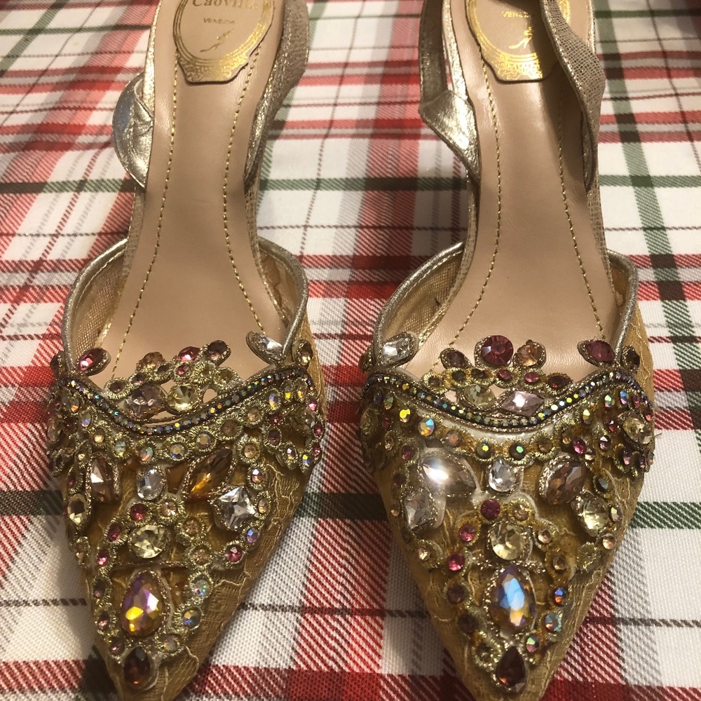 Rene Caovilla Gold and Multicolor Embellished Heels